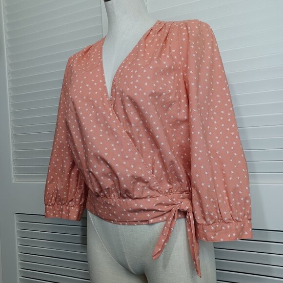 Madewell Wrap Top Star Scatter Coral Wrap Front Cotton Blouse Womens Medium - Picture 4 of 13